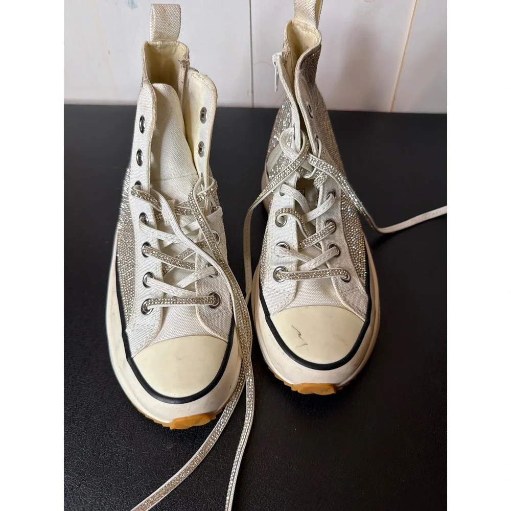 Steve Madden Womens White Canvas Rhinestone Platform Sneaker SHAFT-R 7M